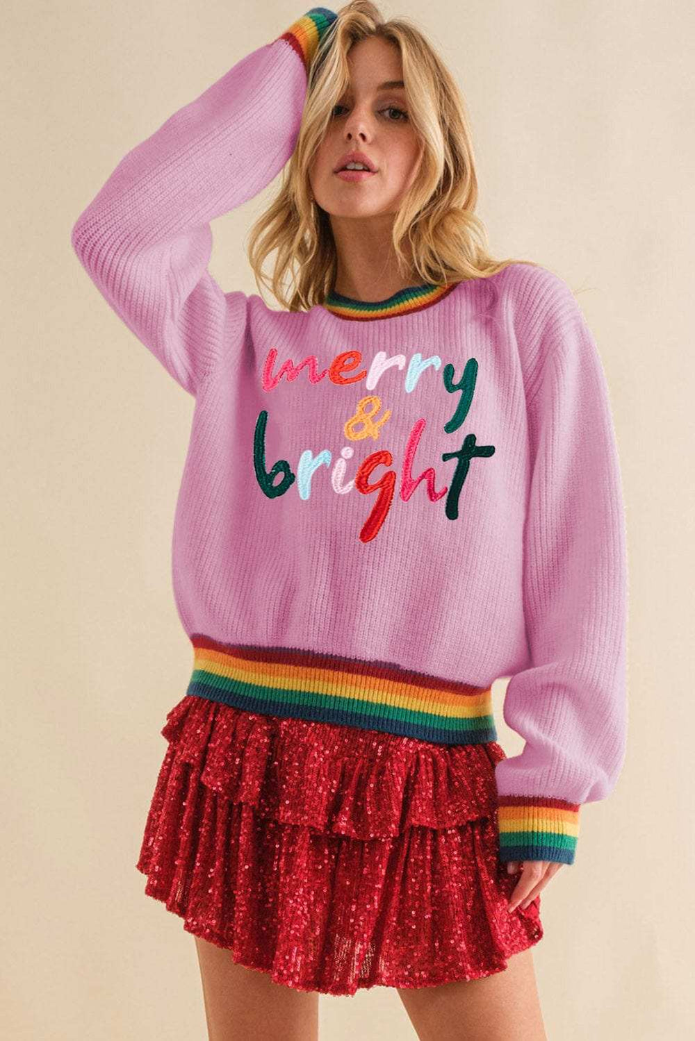 MERRY & BRIGHT Ribbed Round Neck Sweater - Trendsi - Flyclothing LLC