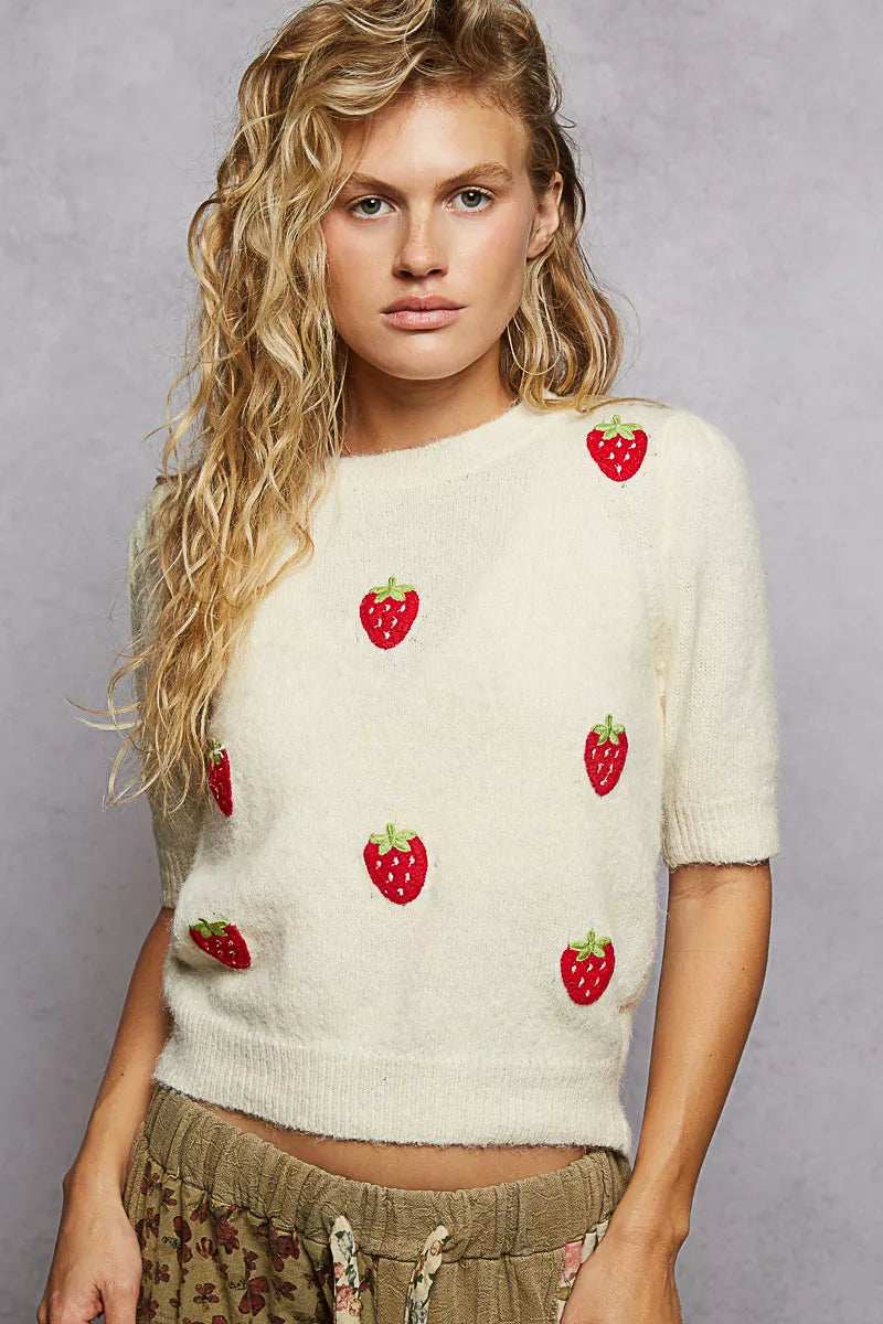 POL Round Neck Strawberry Patch Sweater with Shirring Shoulder - Trendsi - Flyclothing LLC