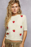 POL Round Neck Strawberry Patch Sweater with Shirring Shoulder - Trendsi - Flyclothing LLC