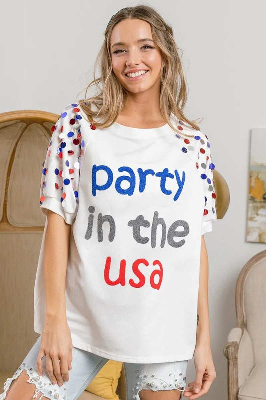 BiBi Party In The Usa Spangle Puff Sleeves Top - Trendsi - Flyclothing LLC