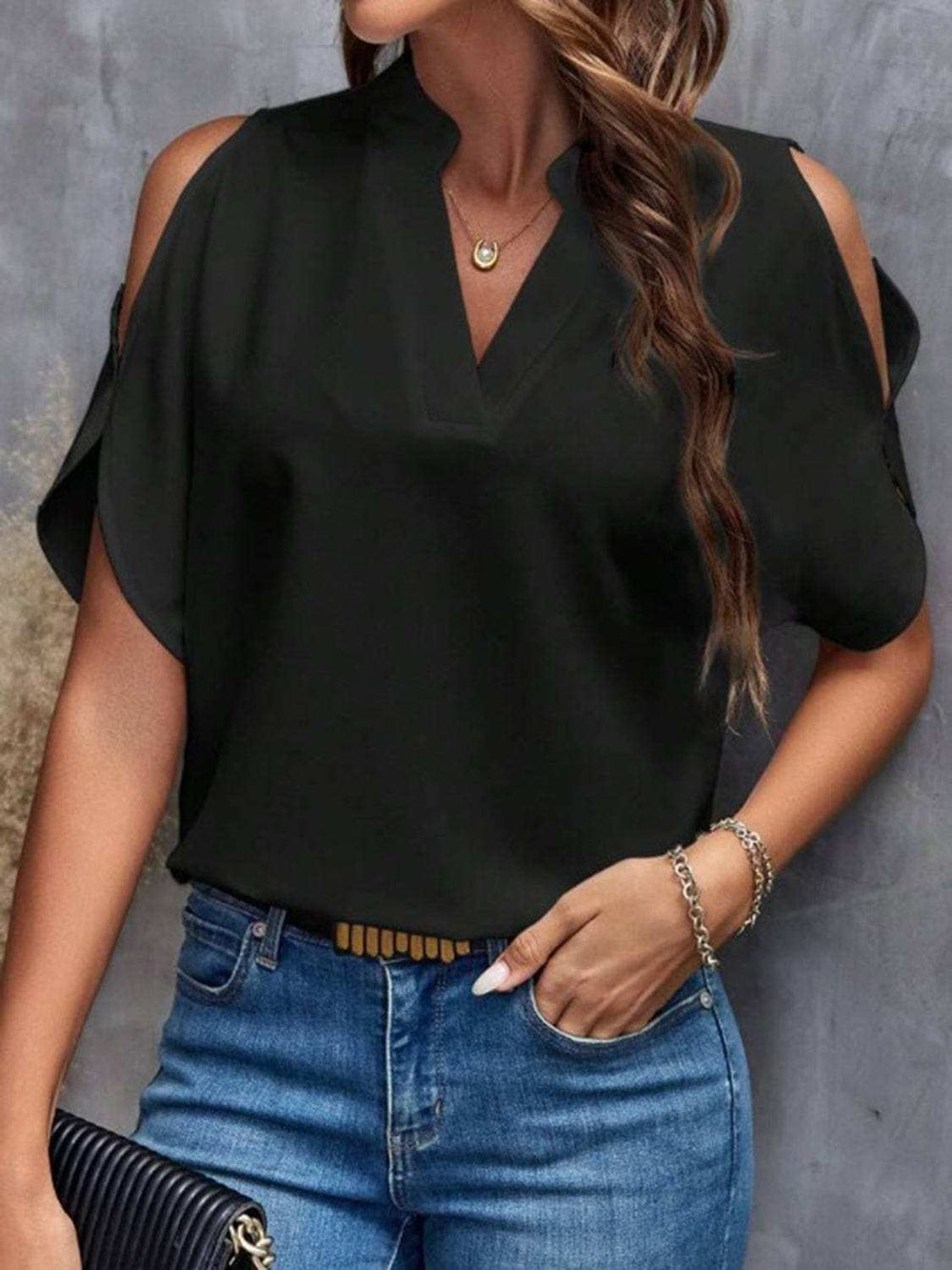 Notched Cold Shoulder Half Sleeve Blouse - Trendsi - Flyclothing LLC