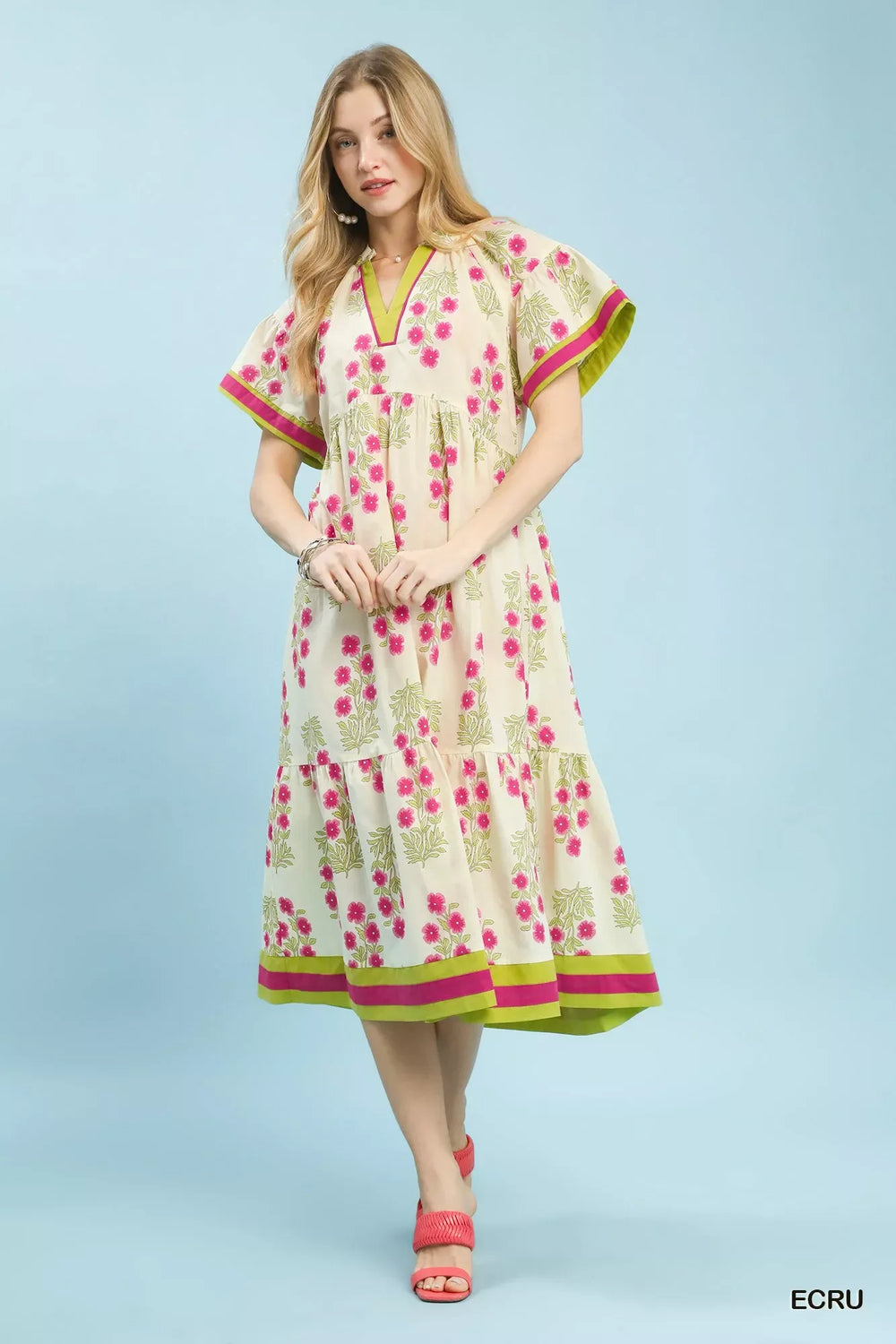 Umgee Floral Border Tiered Midi Dress - Trendsi - Flyclothing LLC