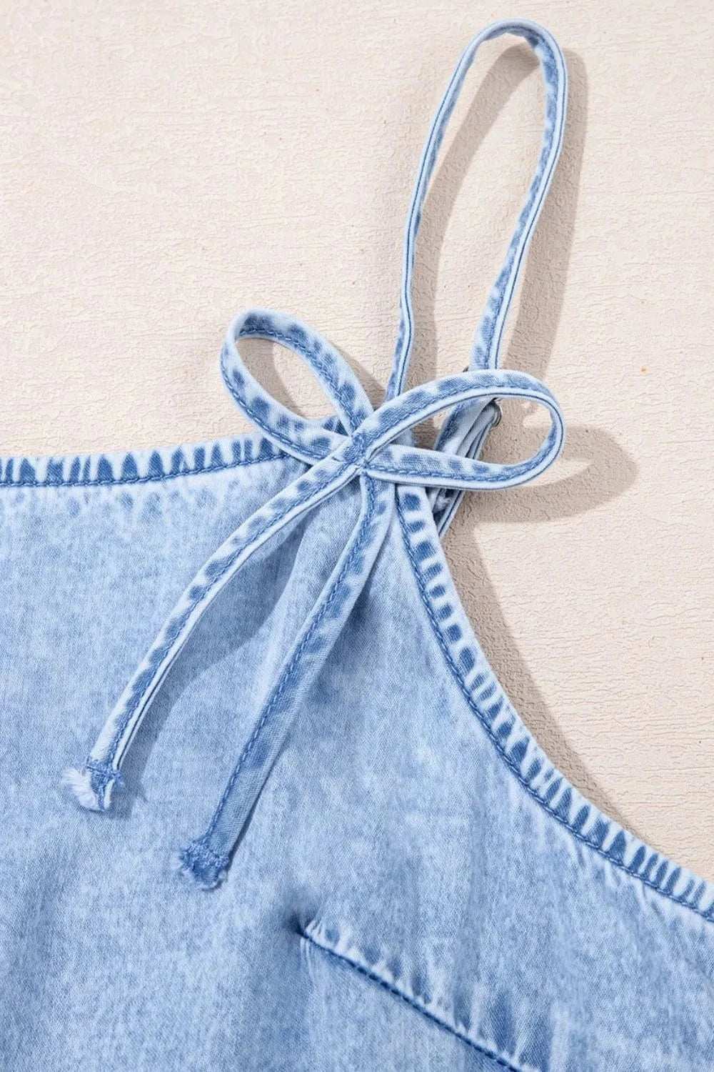 Bow Detail Spaghetti Straps Ruffle Hem Denim Dress - Trendsi - Flyclothing LLC