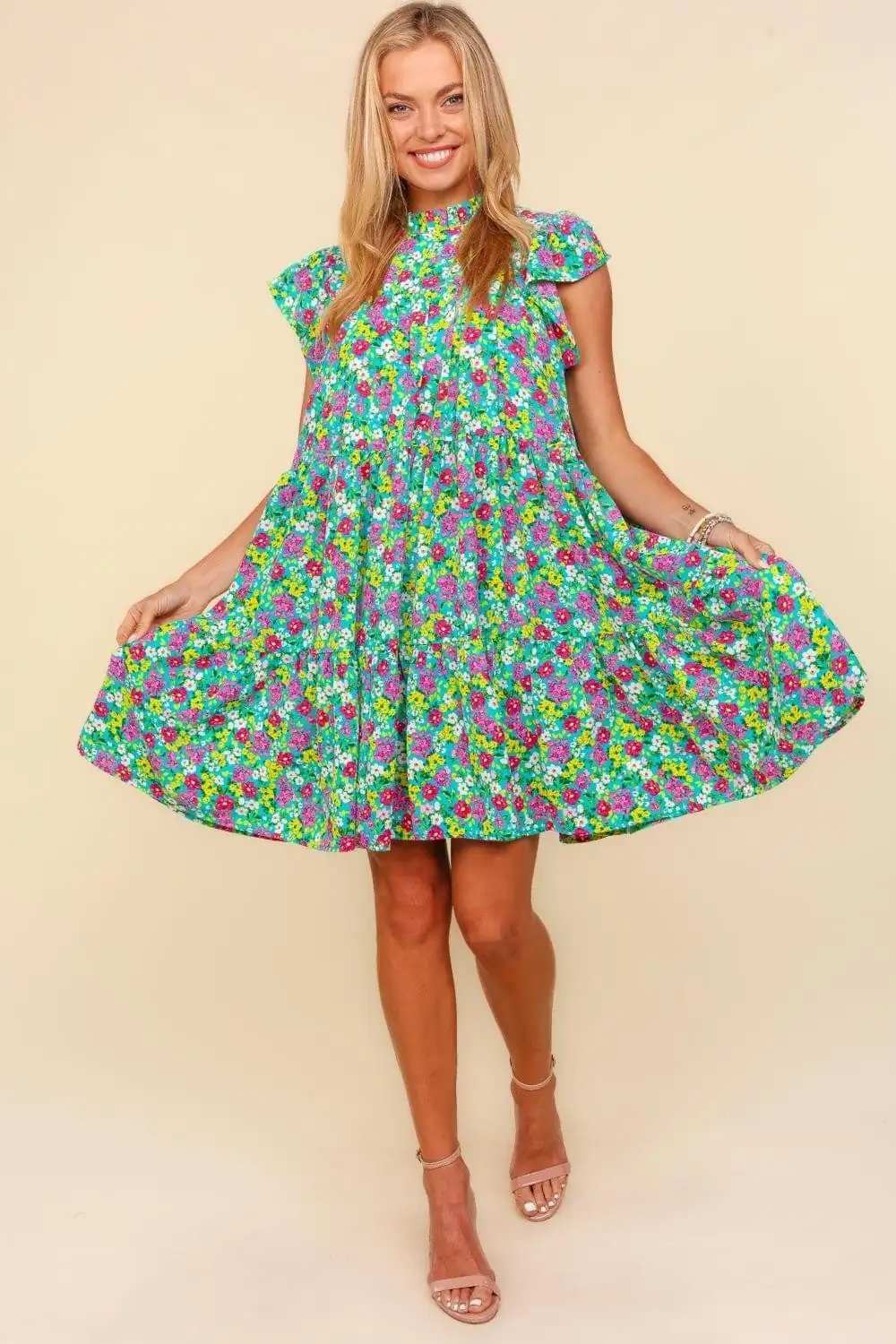 Haptics Frilled Mock Neck Ditsy Floral Dress - Trendsi - Flyclothing LLC