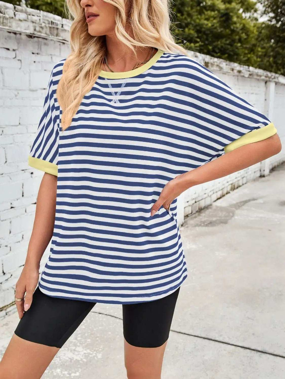Lovelet Striped Round Neck Half Sleeve T-Shirt - Trendsi - Flyclothing LLC