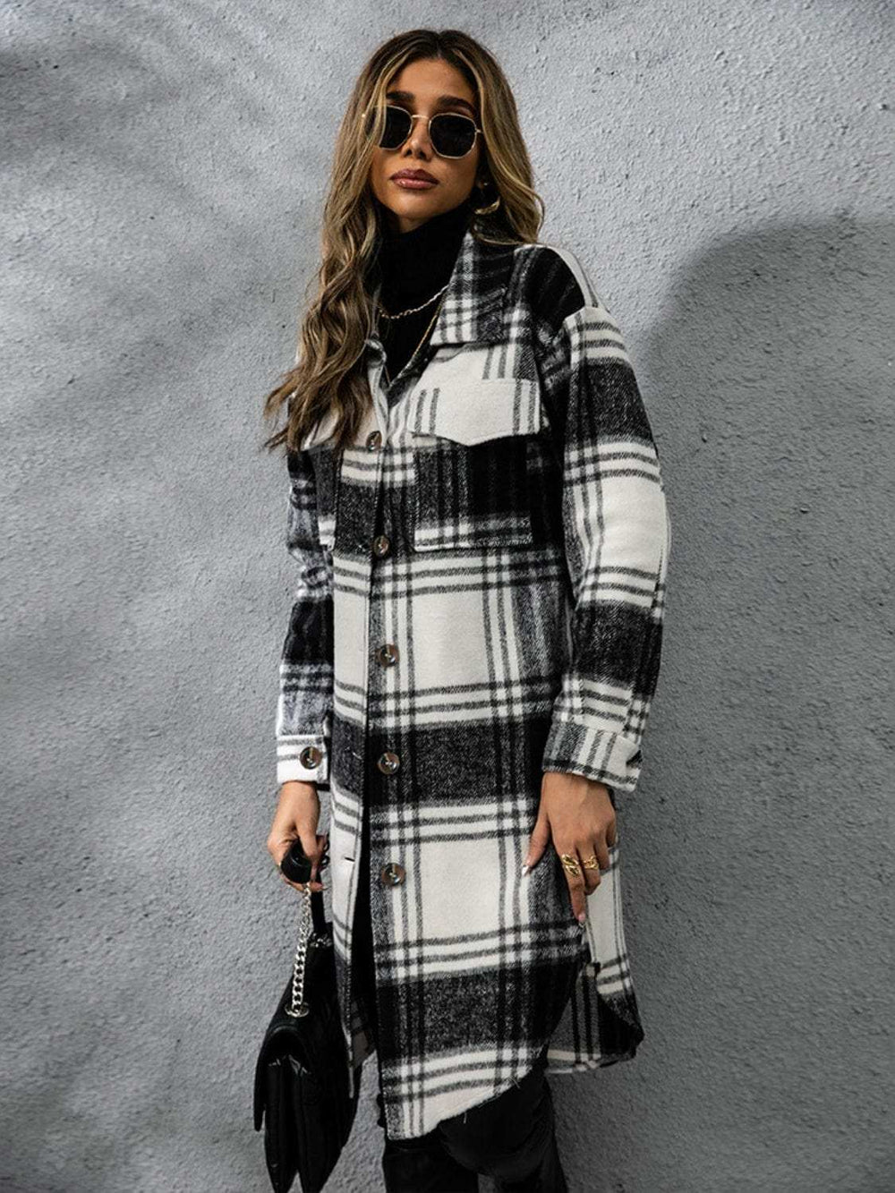 Plaid Collared Neck Long Sleeve Coat - Trendsi - Flyclothing LLC