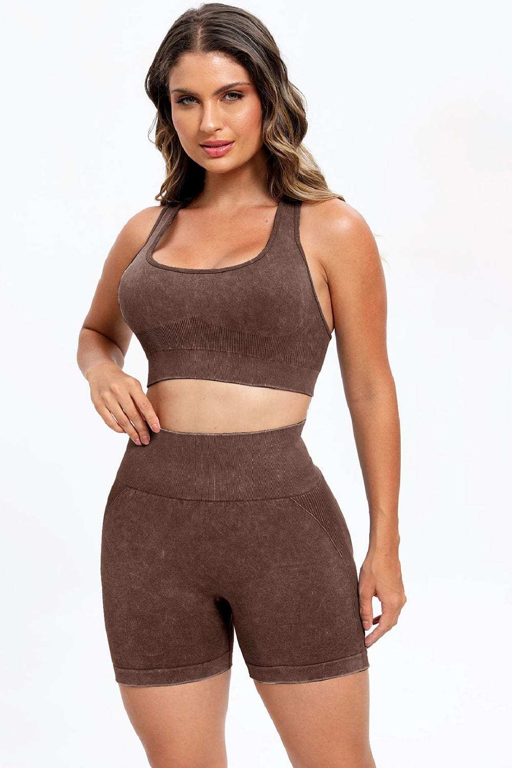 3 Piece Washed Square Neck Wide Strap Active Set - Trendsi - Flyclothing LLC