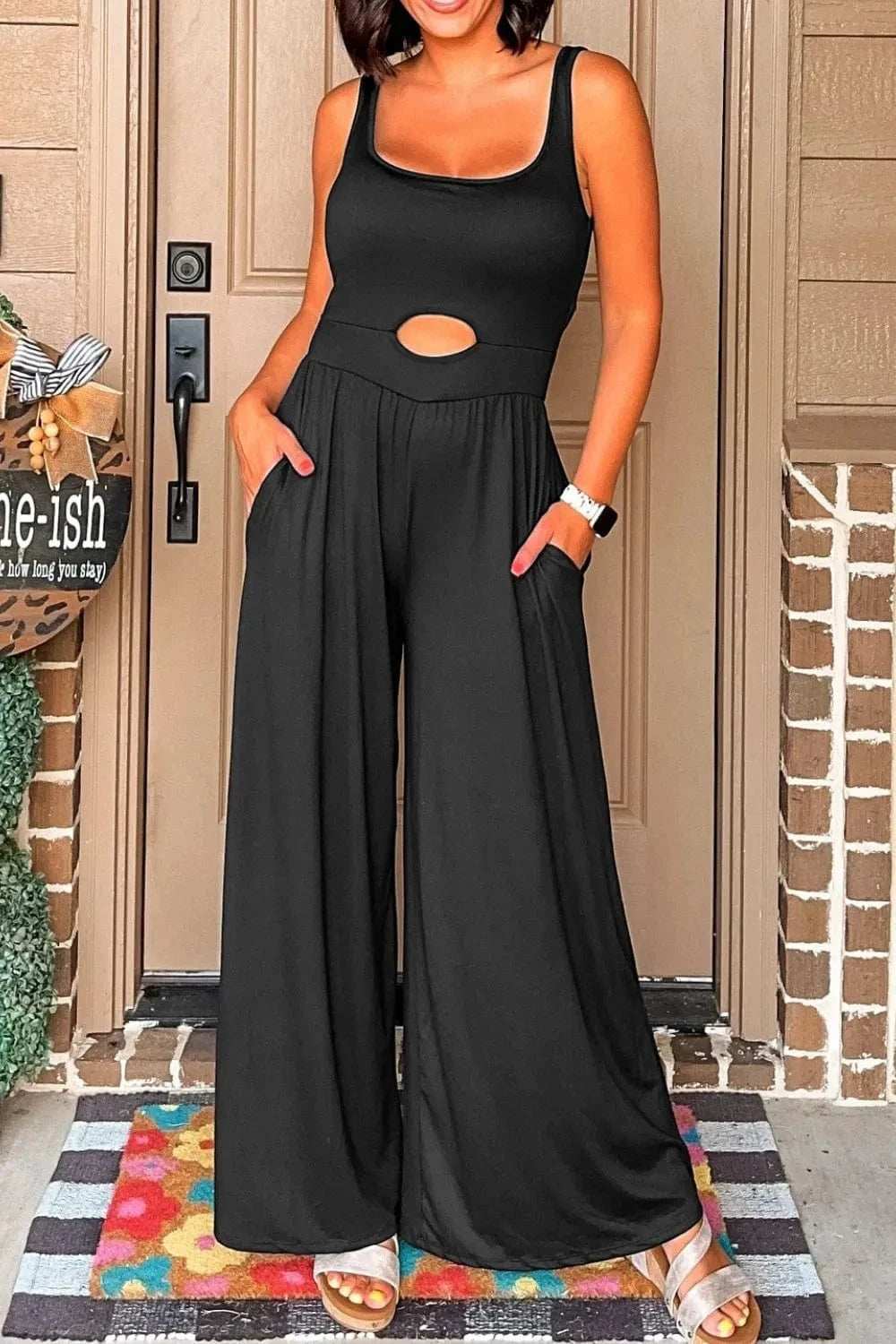 Cutout Scoop Neck Wide Strap Jumpsuit - Trendsi - Flyclothing LLC