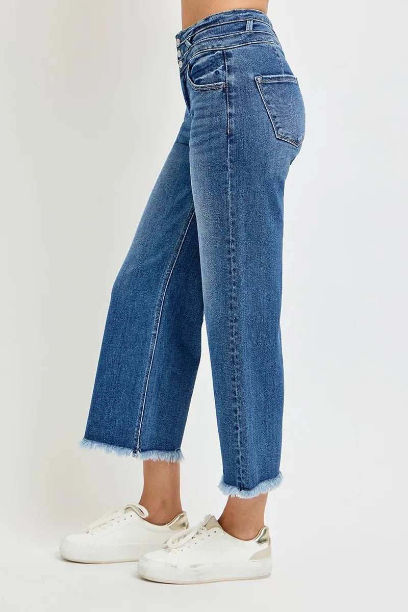 RISEN High Rise Crop Wide Leg Jeans with Wide Band Detail - Trendsi - Flyclothing LLC