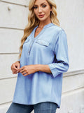 Notched Three-Quarter Sleeve Denim Top - Trendsi - Flyclothing LLC
