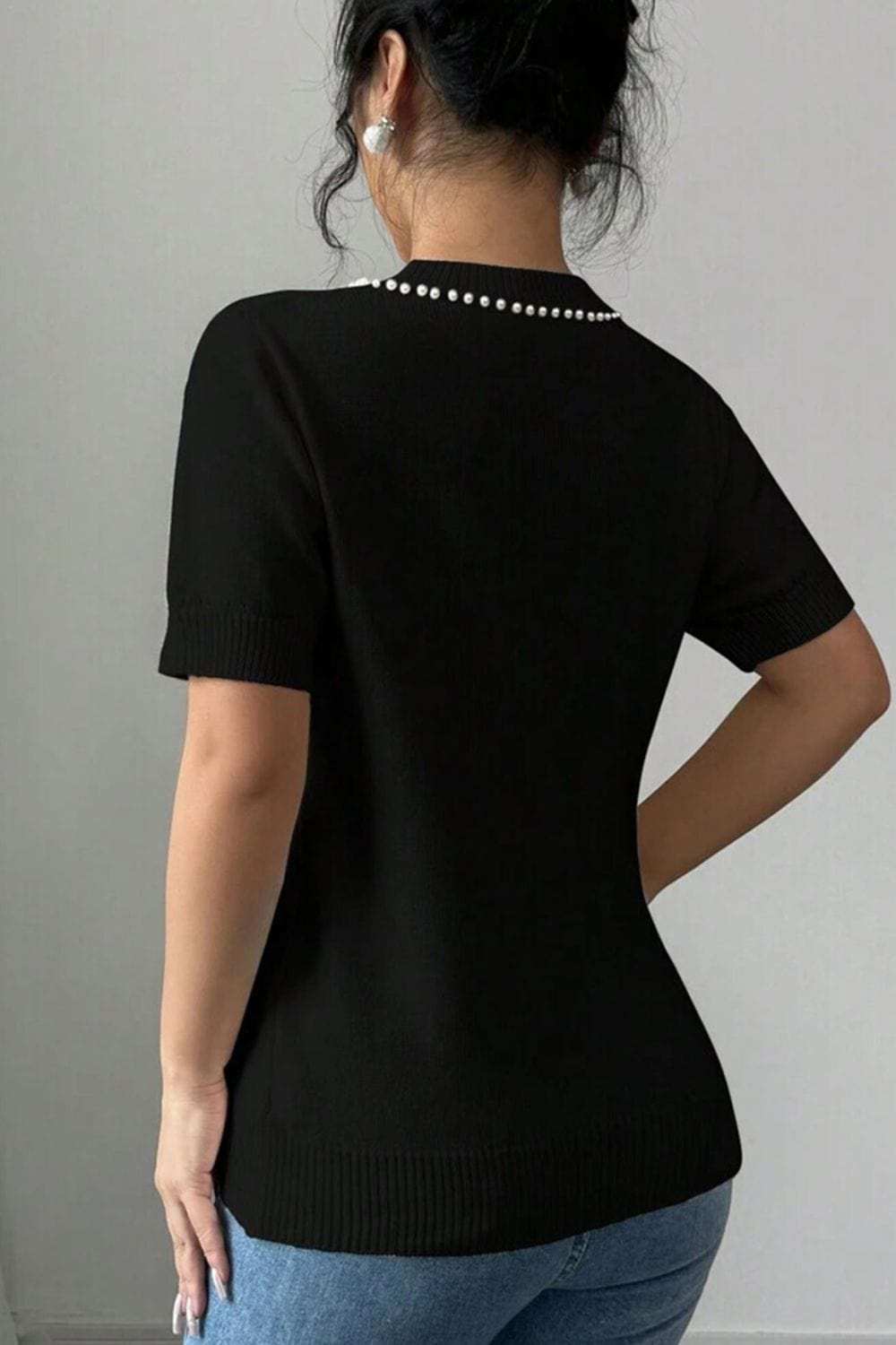 Pearl Bow Necklace Embellished Short Sleeve Knit Top - Trendsi - Flyclothing LLC