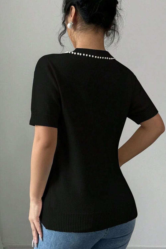 Pearl Bow Necklace Embellished Short Sleeve Knit Top - Trendsi - Flyclothing LLC