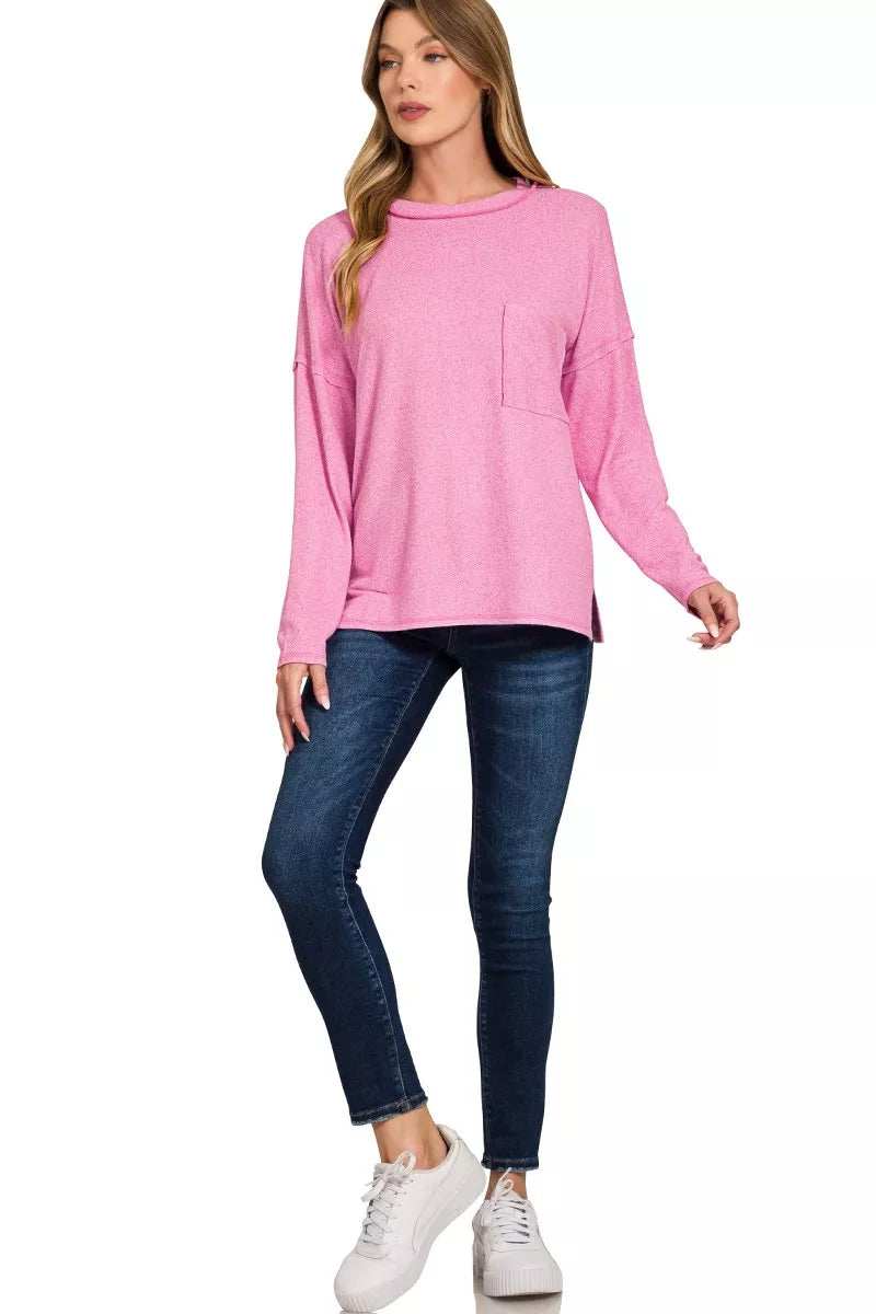 Zenana Soft Melange Hacci Round-Neck Long Sleeve T-Shirt - Trendsi - Flyclothing LLC
