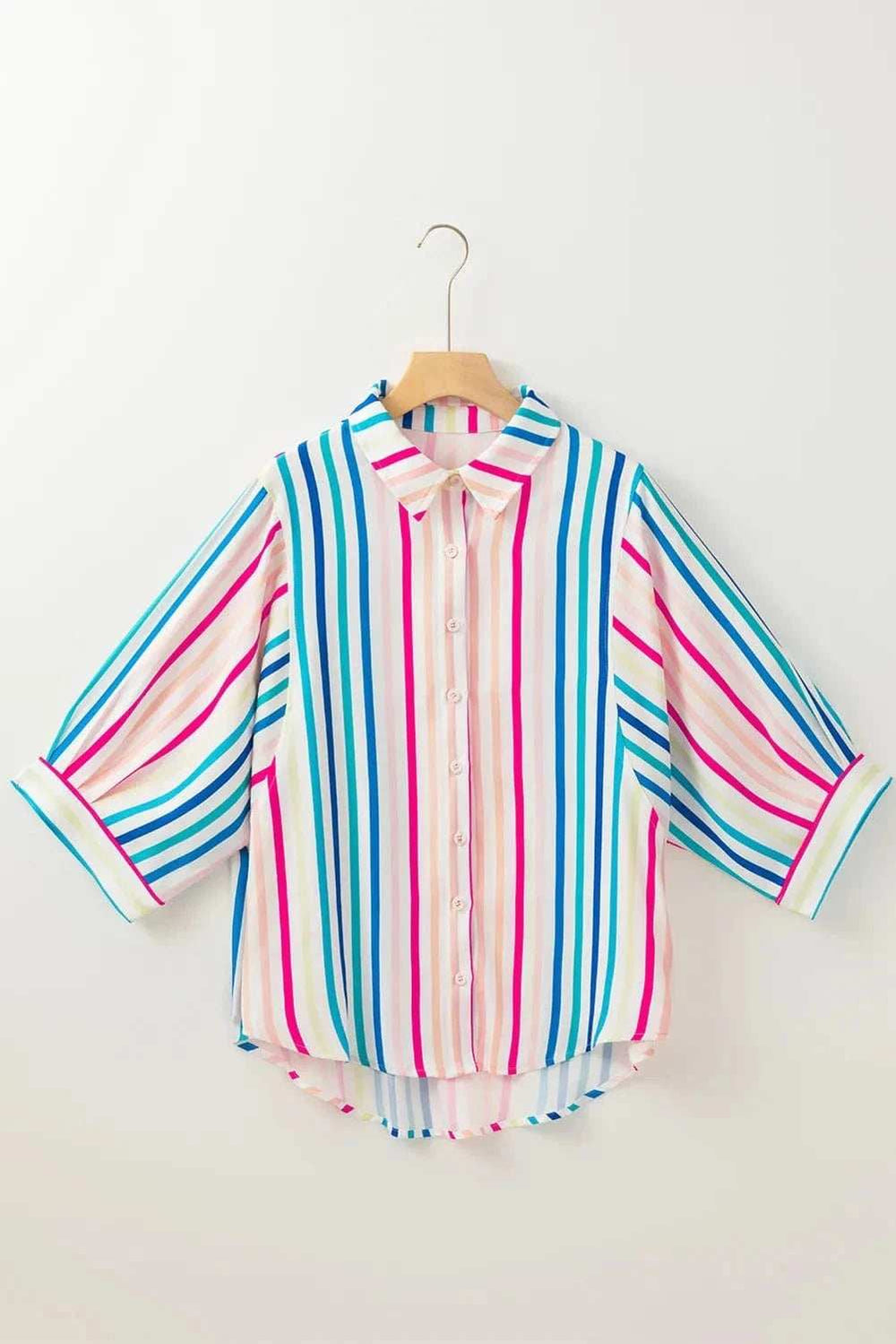 Contrast Stripes Collared Neck Button Up Shirt - Trendsi - Flyclothing LLC