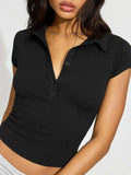 Collared Neck Short Sleeve Top - Trendsi - Flyclothing LLC