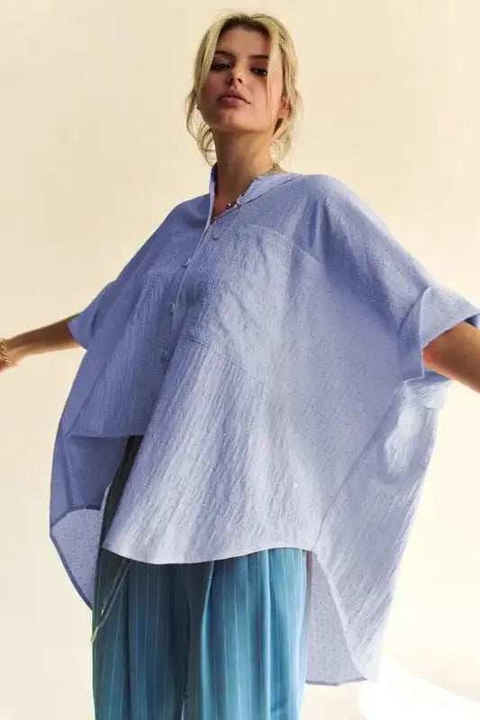 Davi & Dani Rhinestone Pleat Back Short Sleeve Loose Fit Shirt - Trendsi - Flyclothing LLC