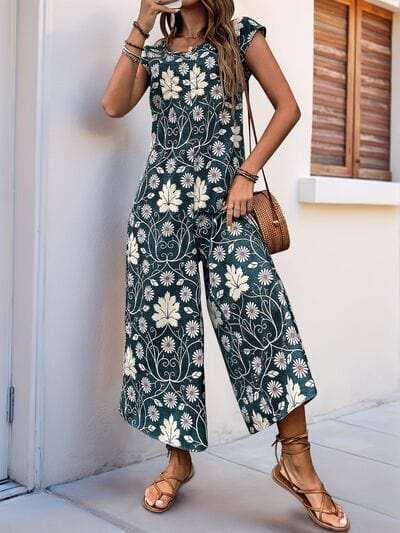 Perfee Printed Round Neck Cap Sleeve Wide Leg Jumpsuit - Trendsi - Flyclothing LLC