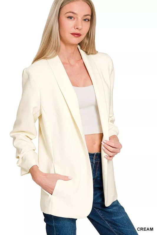 Zenana Woven 3/4 Ruched Sleeve Open Front Classic Blazer - Trendsi - Flyclothing LLC