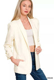 Zenana Woven 3/4 Ruched Sleeve Open Front Classic Blazer - Trendsi - Flyclothing LLC