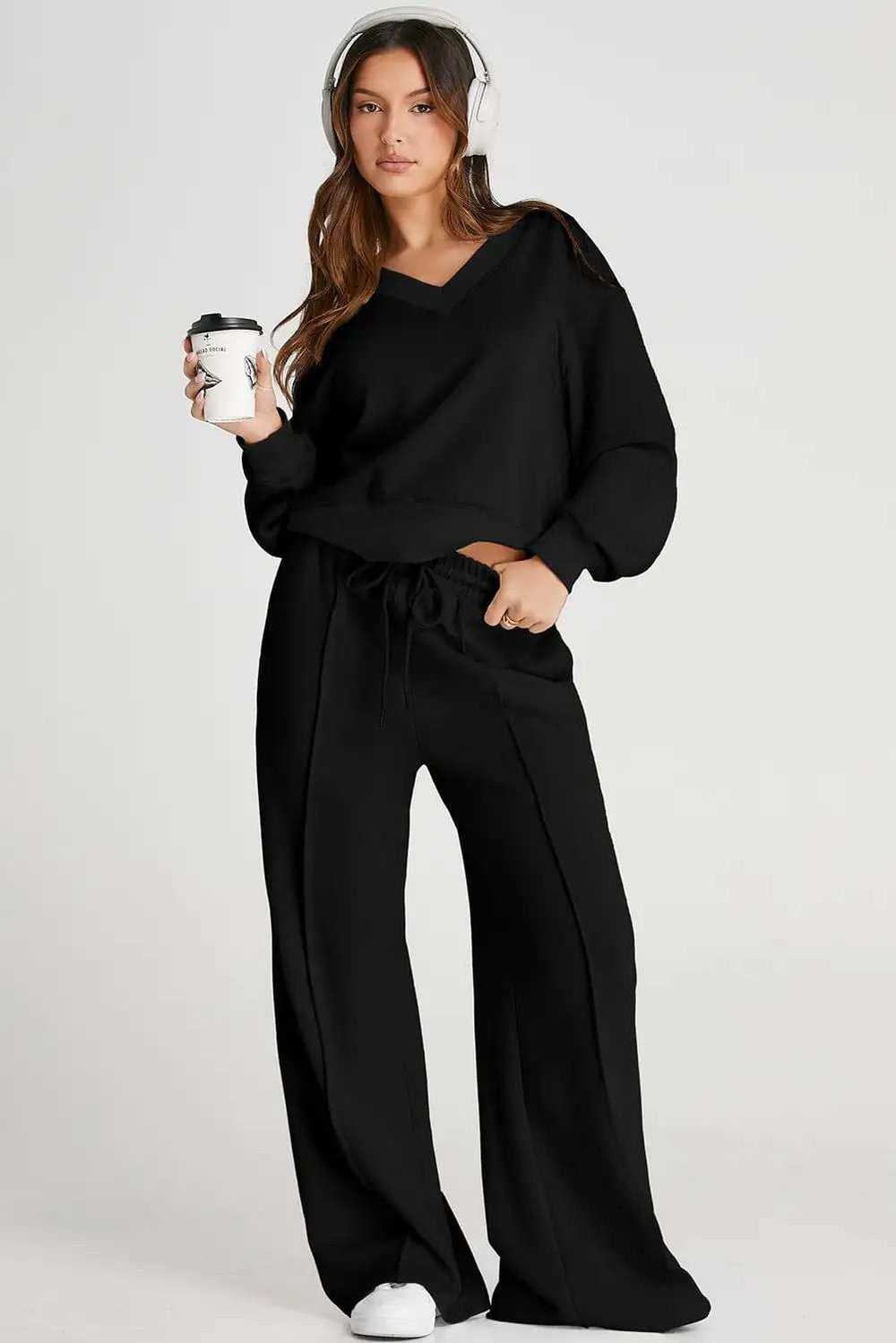 V-Neck Long Sleeve Top and Pants Active Set - Trendsi - Flyclothing LLC