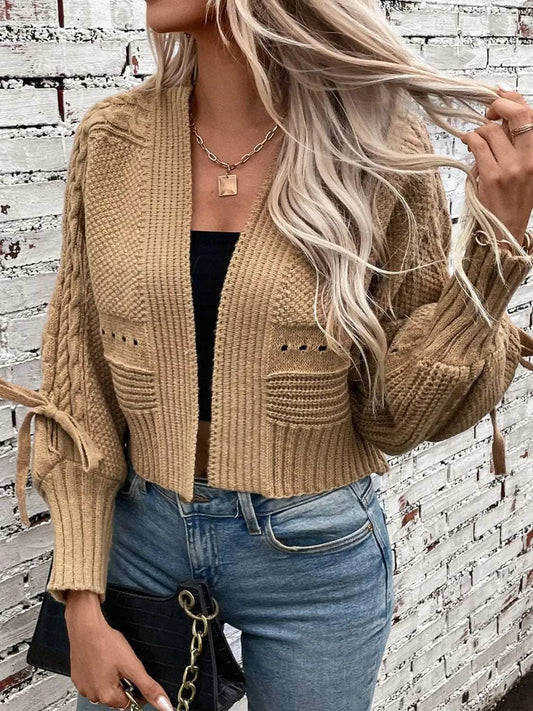 Cable-Knit Tied Open Front Lantern Sleeve Cardigan - Trendsi - Flyclothing LLC