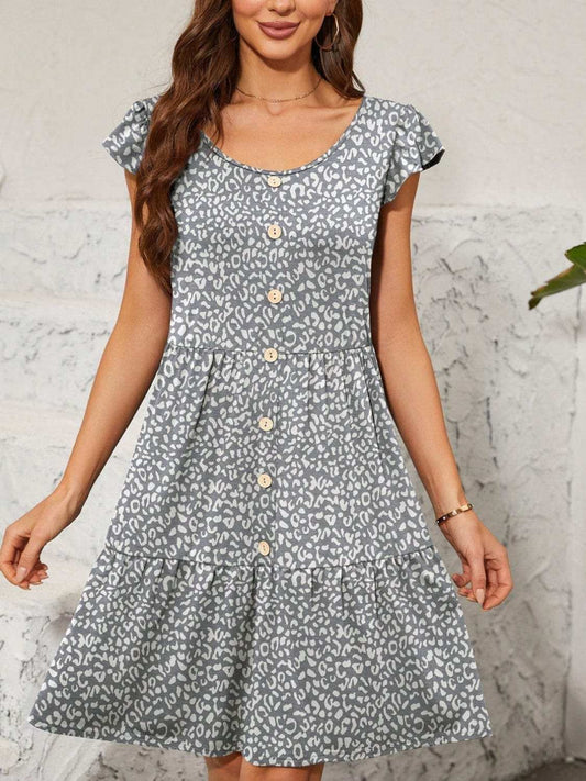 Leopard Round Neck Cap Sleeve Mini Dress - Trendsi - Flyclothing LLC