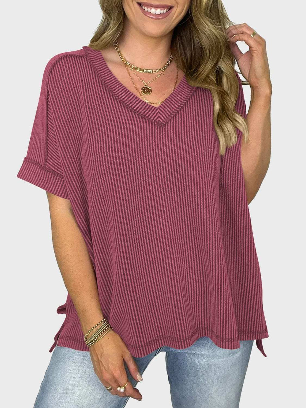 Lovelet Texture V-Neck Half Sleeve T-Shirt - Trendsi - Flyclothing LLC