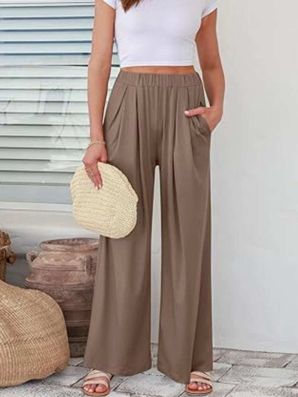 Elastic Waist Wide Leg Pants - Trendsi - Flyclothing LLC