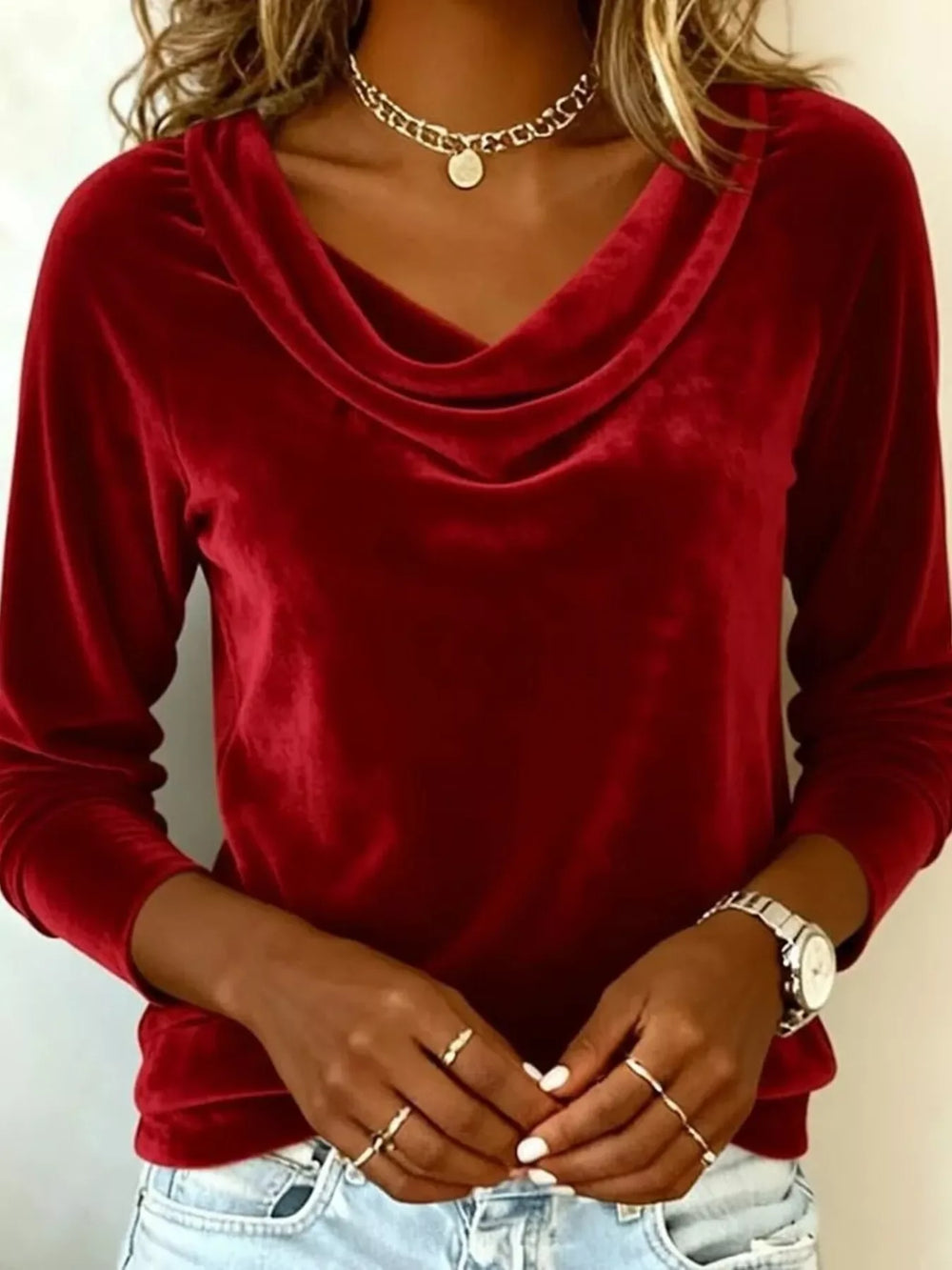 Velvet Cowl Neck Long Sleeve Top - Trendsi - Flyclothing LLC