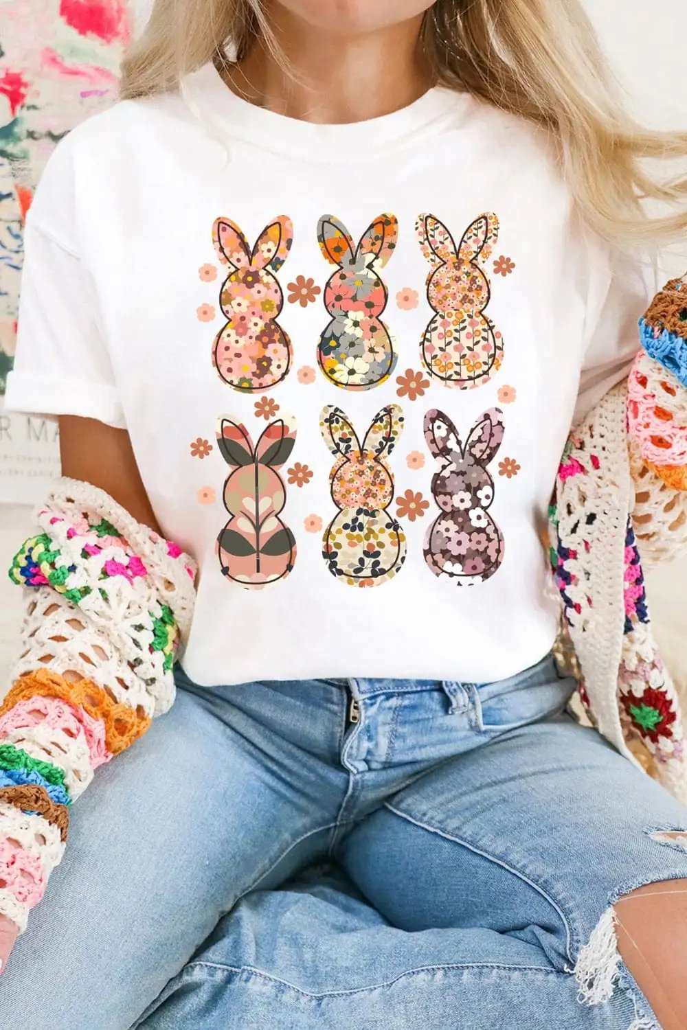 Floral Bunny Graphic Crewneck Short Sleeve T-Shirt - Trendsi - Flyclothing LLC