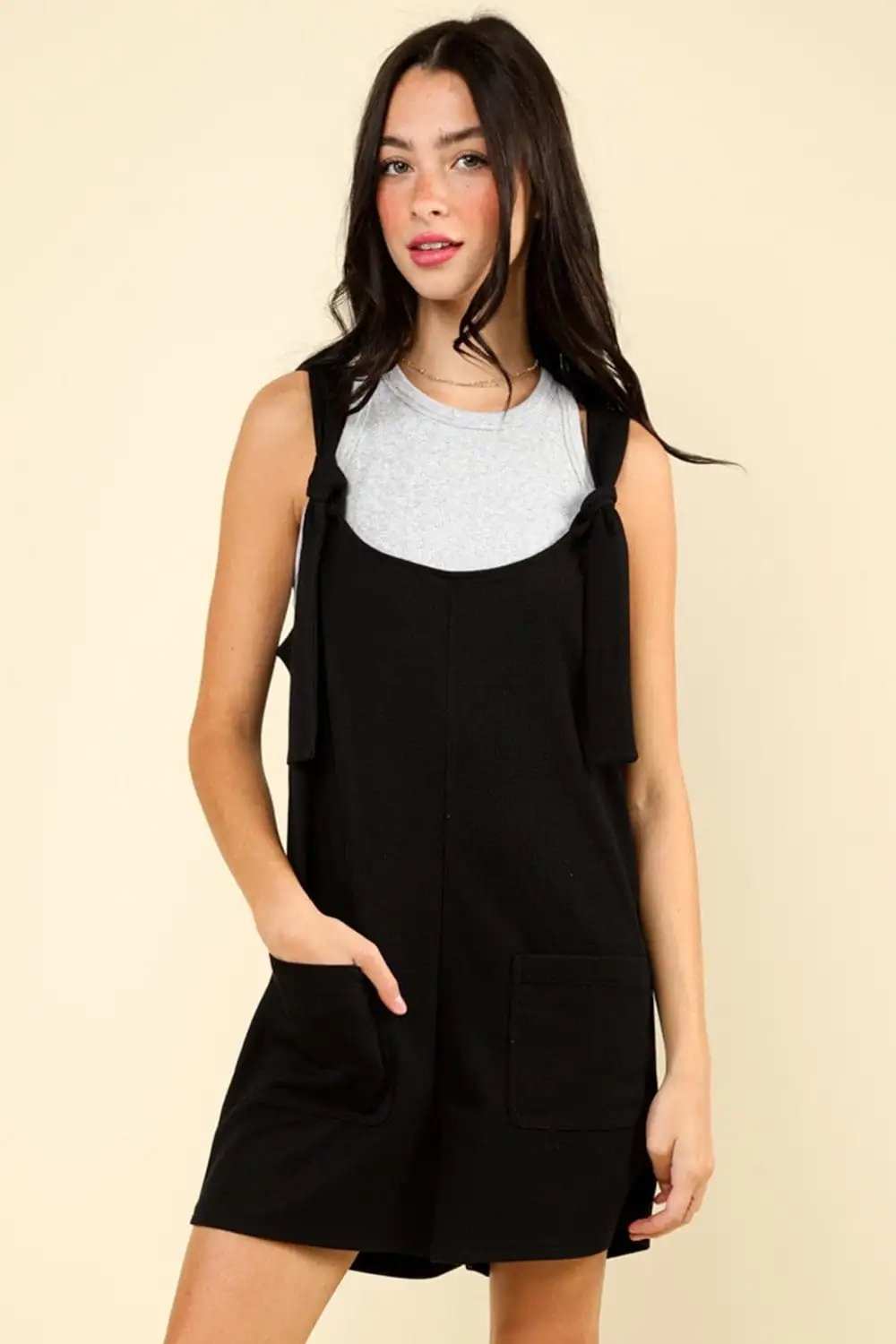 VERY J Tie Shoulder Front Pocket Romper - Trendsi - Flyclothing LLC