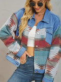 Geometric Button Up Dropped Shoulder Denim Jacket - Trendsi - Flyclothing LLC