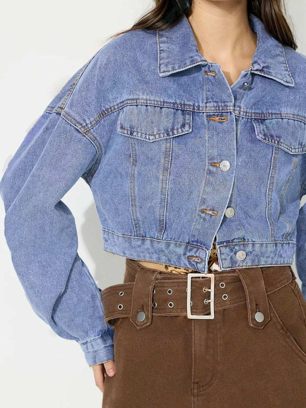 Collared Neck Dropped Shoulder Cropped Denim Top - Trendsi - Flyclothing LLC