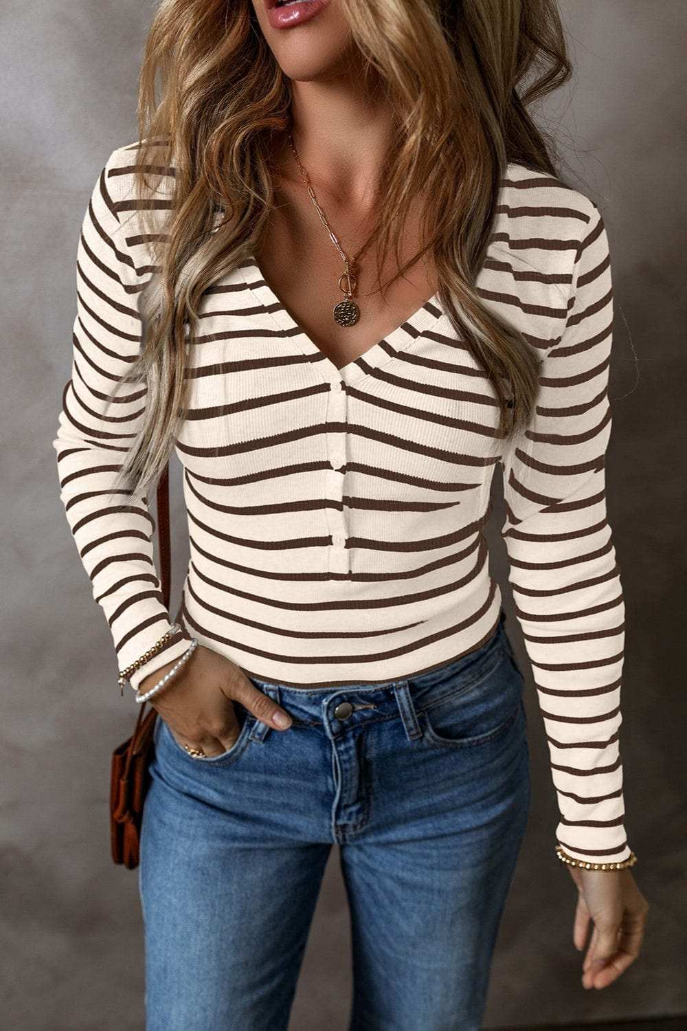Striped V-Neck Long Sleeve Top - Trendsi - Flyclothing LLC