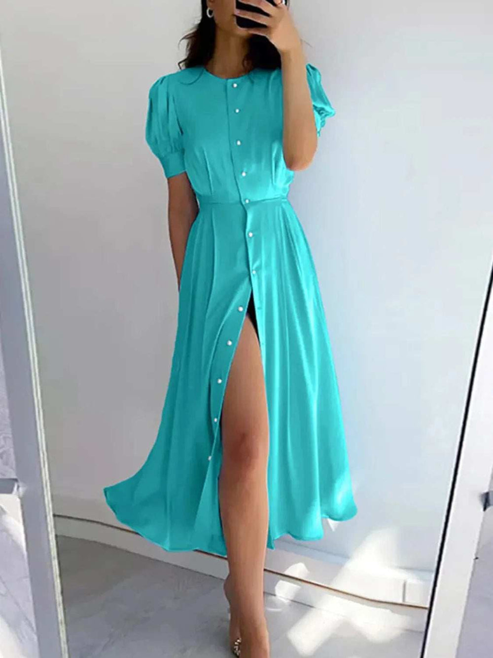 Button Down Short Sleeve Dress - Trendsi - Flyclothing LLC