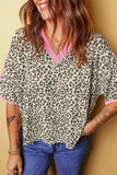 Contrast V Neck Varsity Short Sleeve Leopard Top - Trendsi - Flyclothing LLC