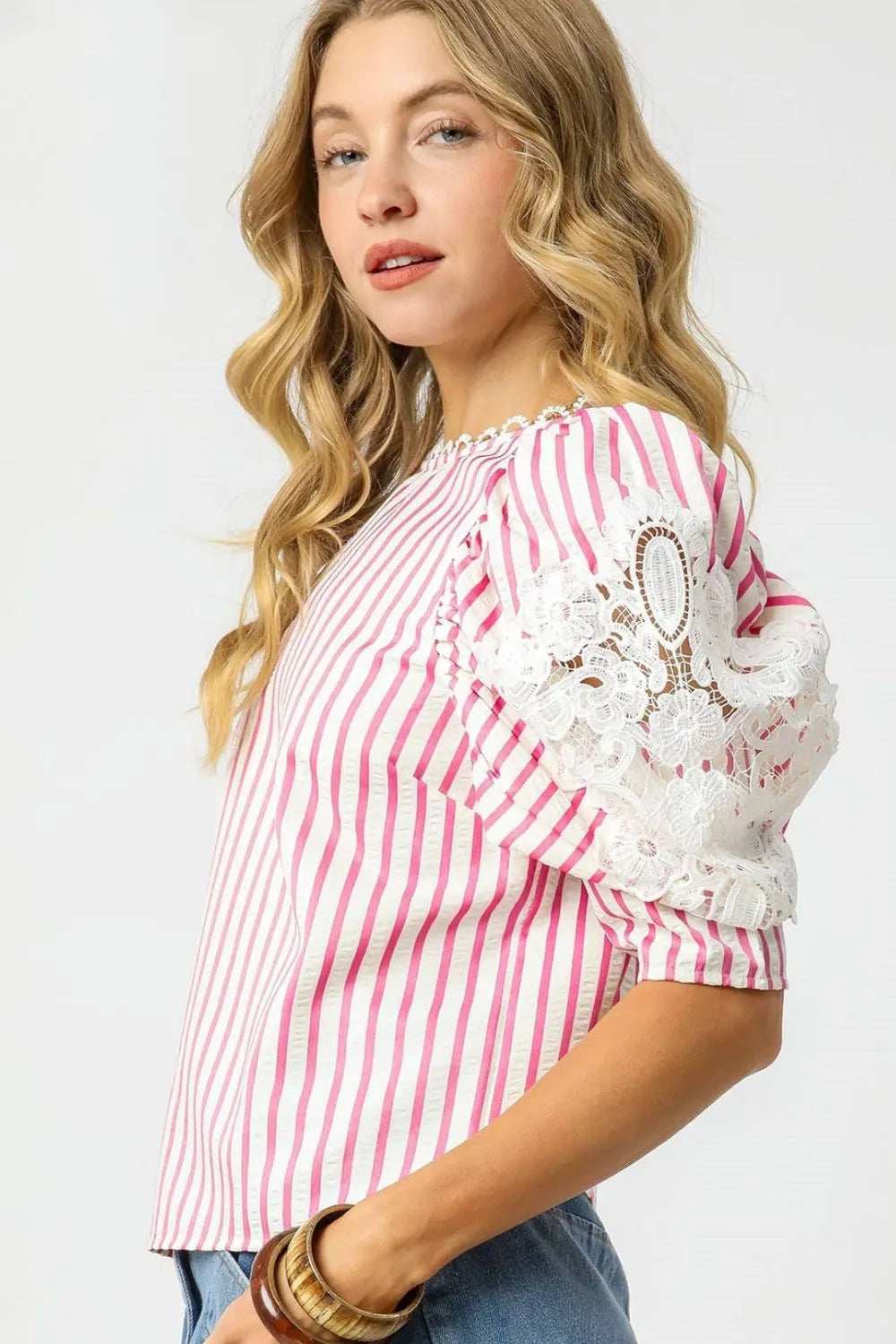 Umgee Striped Lace Puff Sleeve Blouse - Trendsi - Flyclothing LLC