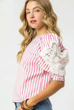 Umgee Striped Lace Puff Sleeve Blouse - Trendsi - Flyclothing LLC