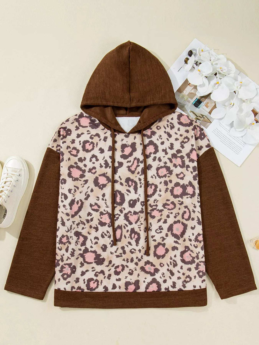 Plus Size Leopard Long Sleeve Drawstring Hoodie - Trendsi - Flyclothing LLC