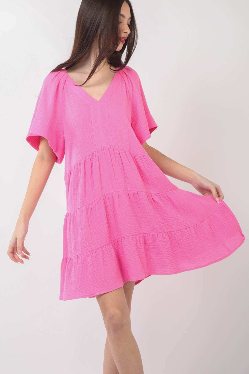 VERY J Texture V-Neck Ruffled Tiered Dress - Trendsi - Flyclothing LLC