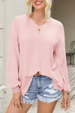 Waffle-Knit V-Neck Long Sleeve Top - Trendsi - Flyclothing LLC