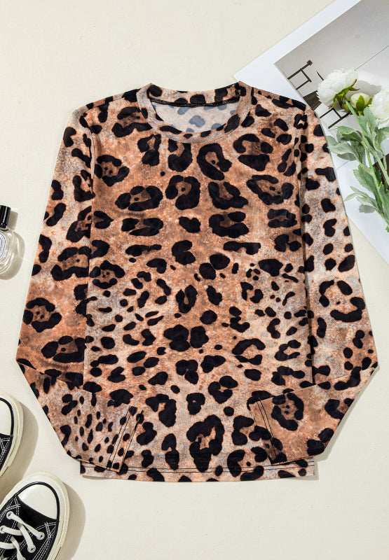 Leopard Round Neck Long Sleeve Blouse - Trendsi - Flyclothing LLC