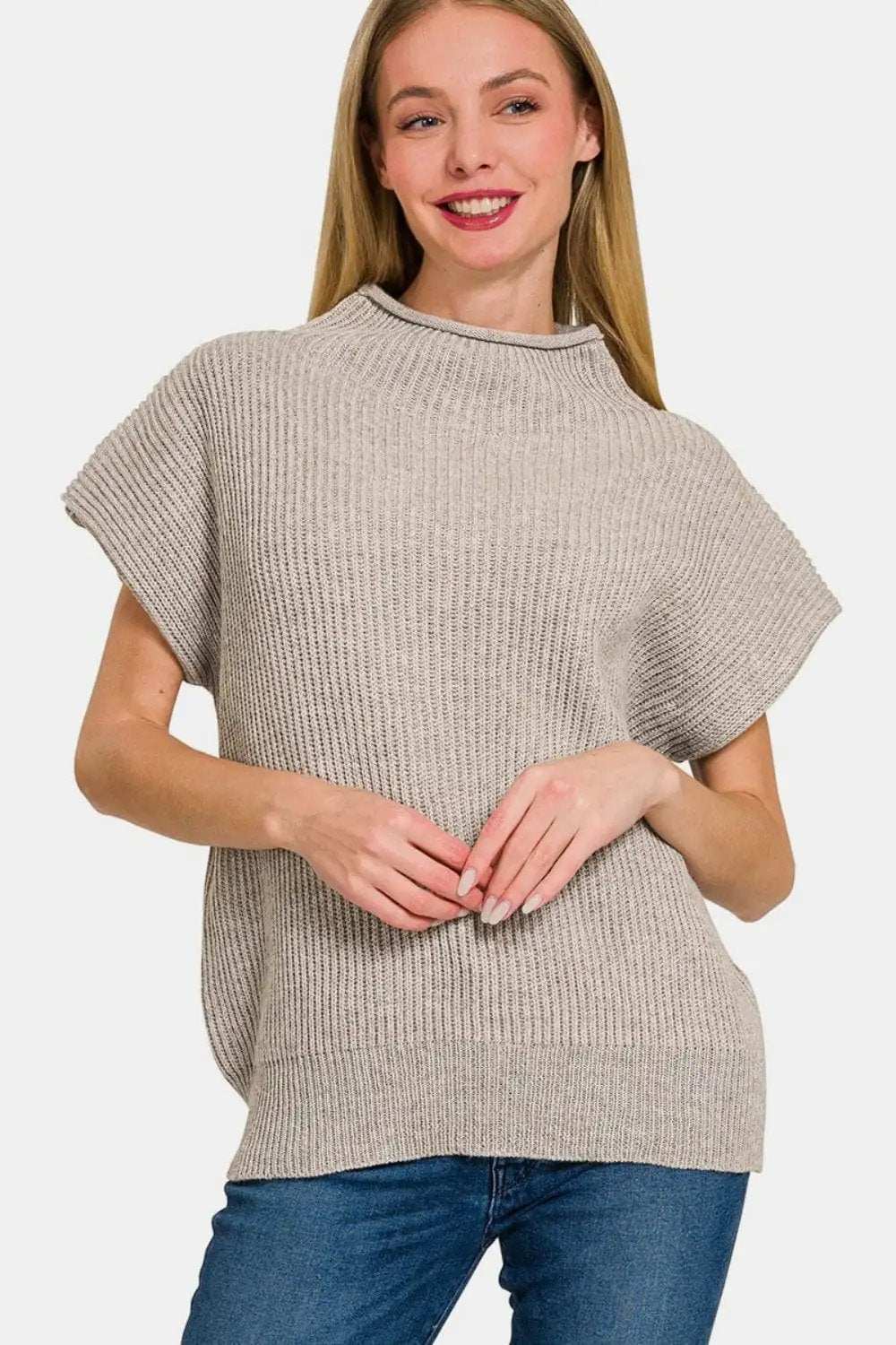 Zenana Short Sleeve Mock Neck Sweater - Trendsi - Flyclothing LLC