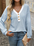 Striped V-Neck Button Front Casual Top - Trendsi - Flyclothing LLC