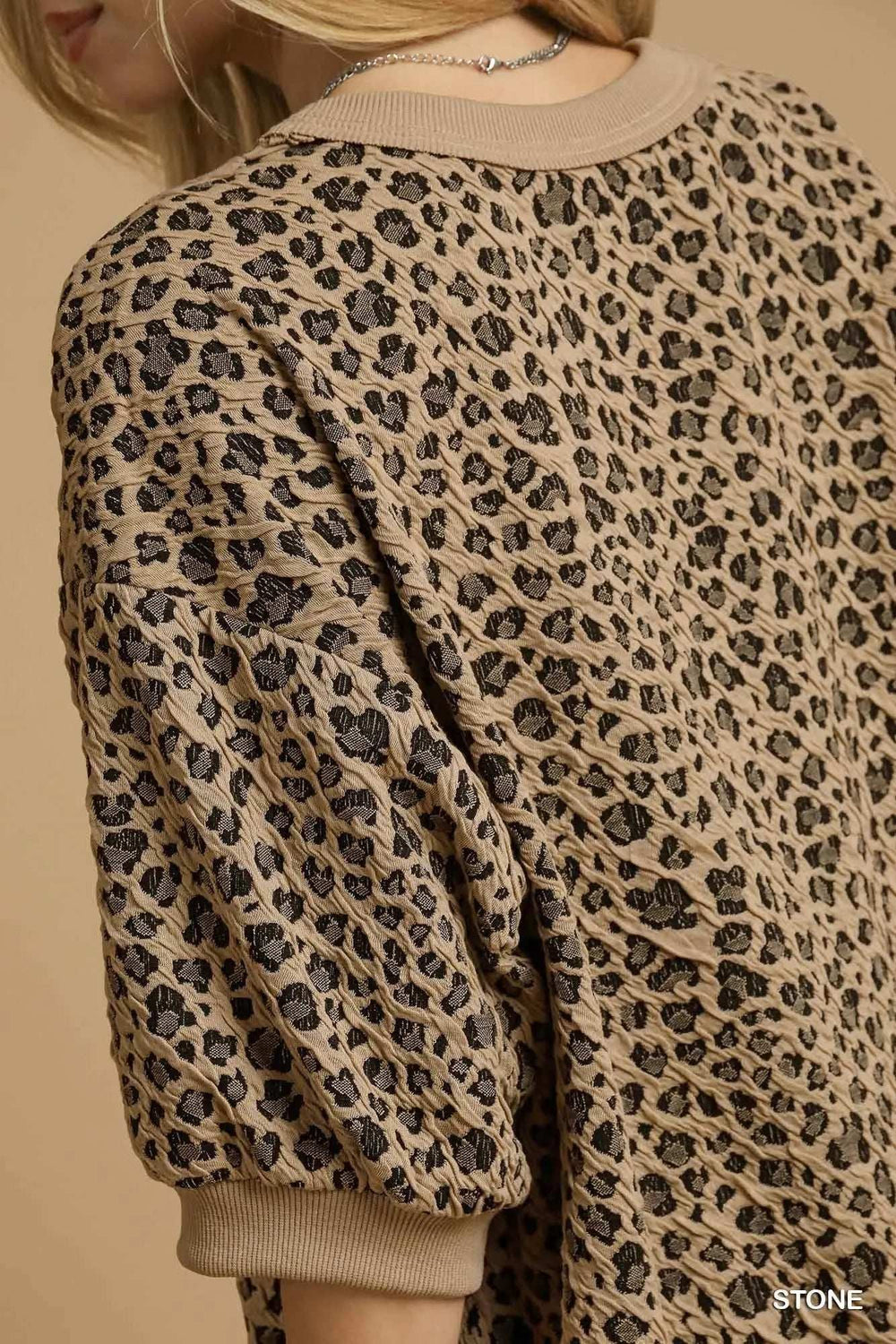 Umgee Leopard Knit Jacquard Puff Sleeve Sweatshirt - Trendsi - Flyclothing LLC