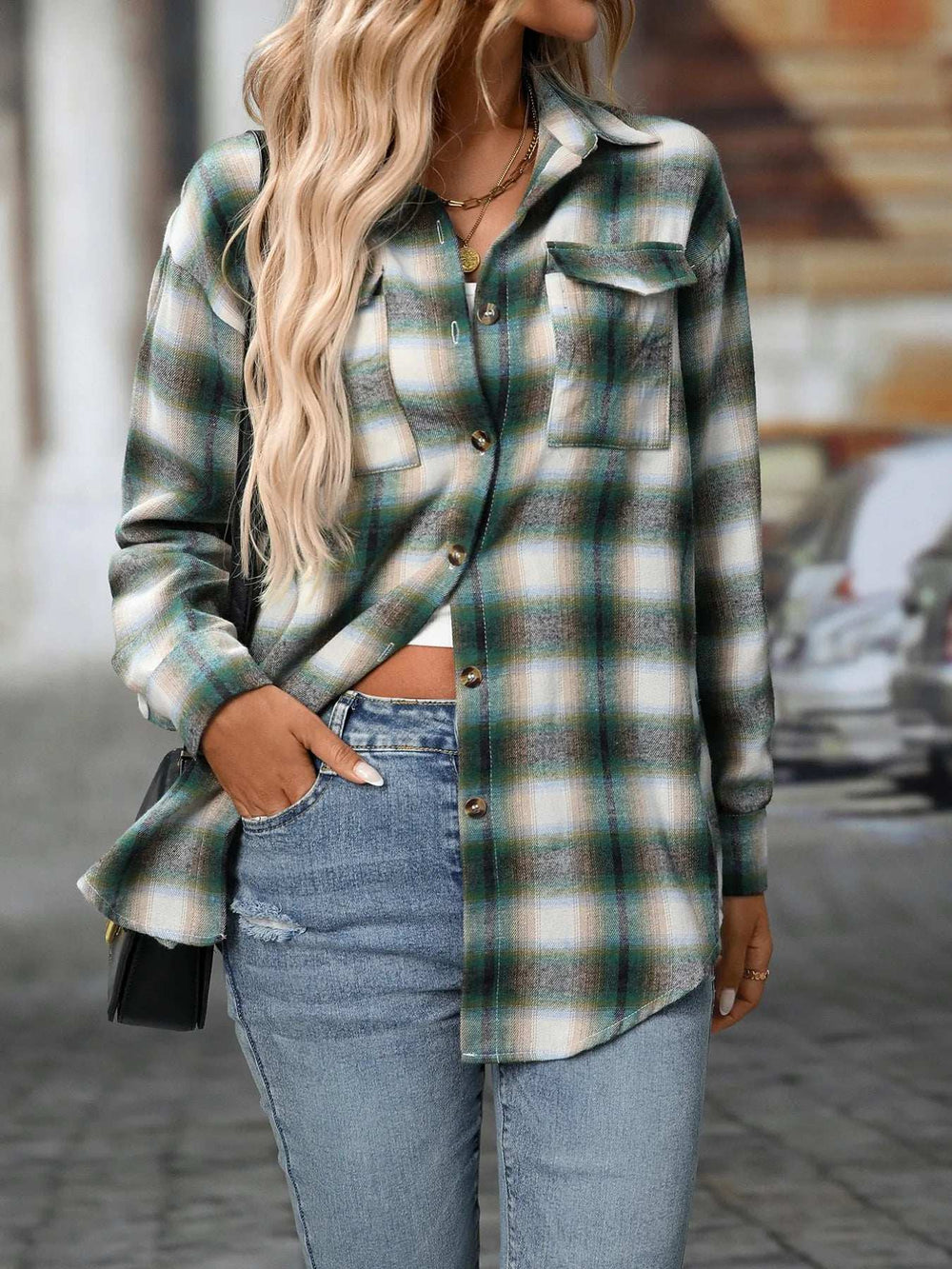 Oversized Plaid Button-Up Shirt - Trendsi - Flyclothing LLC