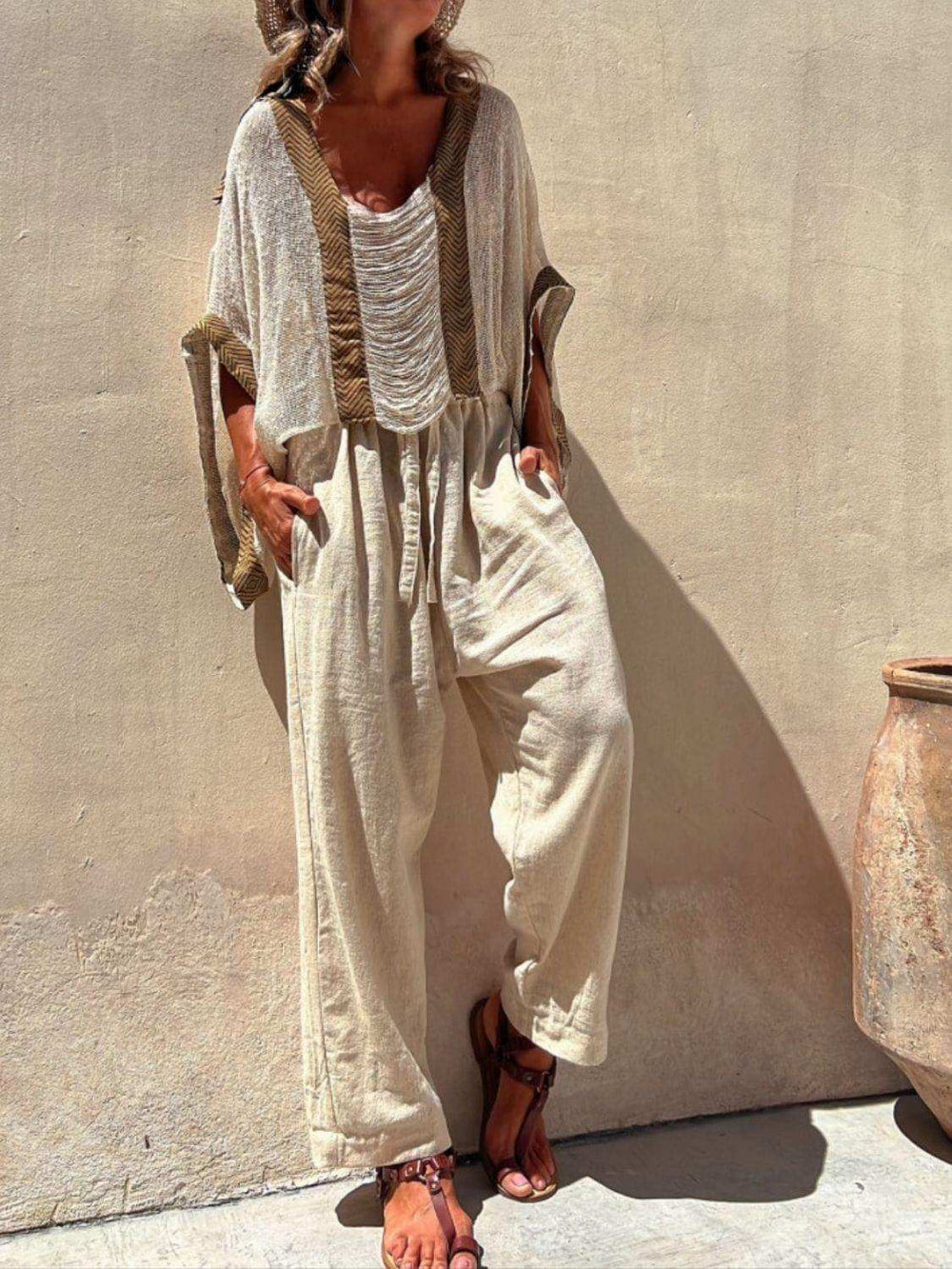 Contrast Scoop Neck Knit Cover Up - Trendsi - Flyclothing LLC