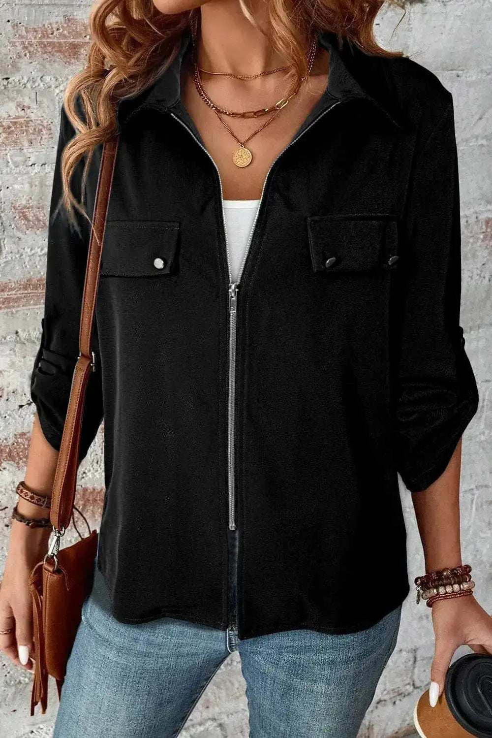 Pocketed Zip Up Collared Neck Long Sleeve Jacket - Trendsi - Flyclothing LLC