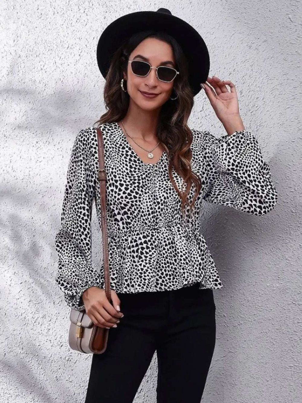 Ruched Printed V-Neck Long Sleeve Blouse - Trendsi - Flyclothing LLC