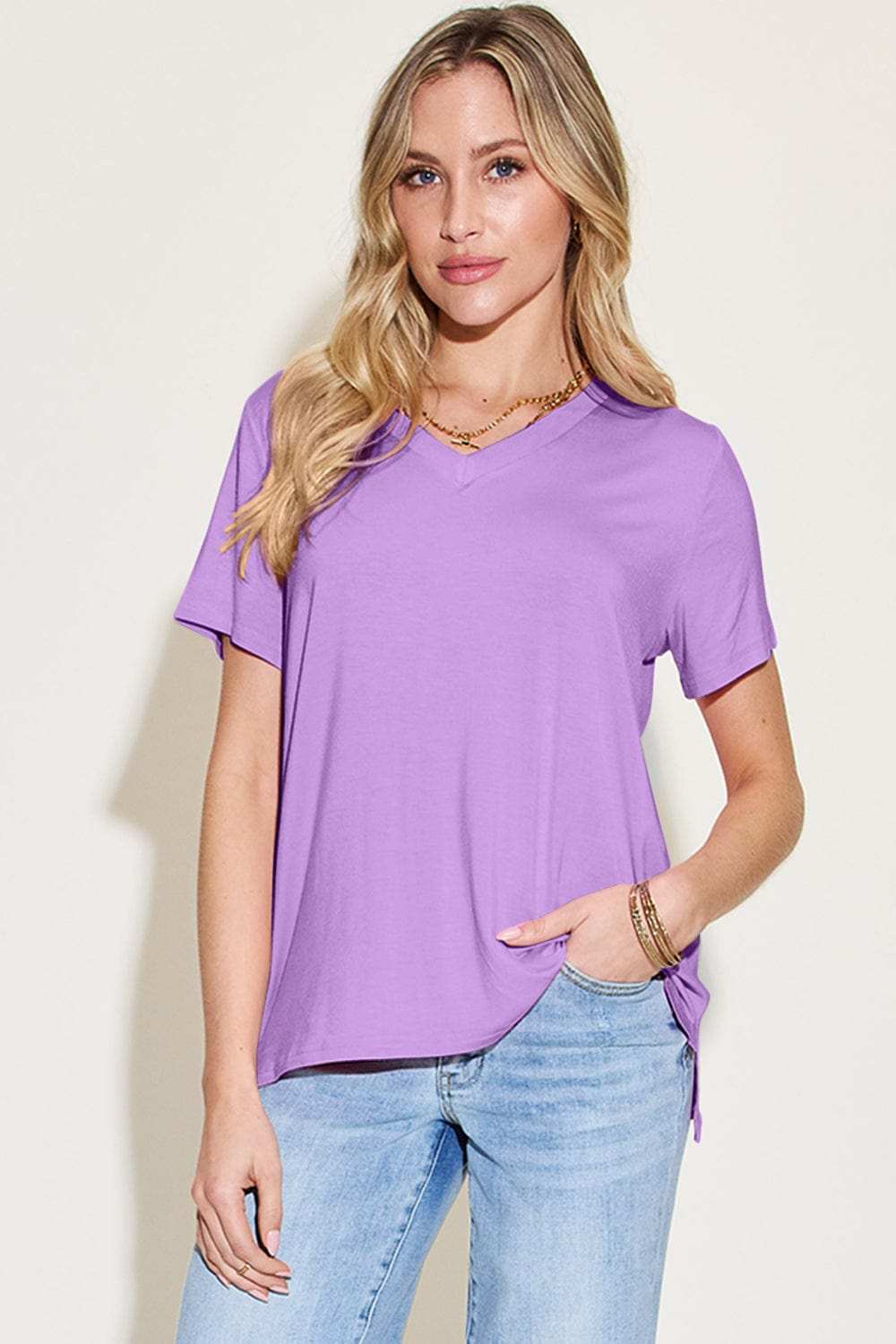 Basic Bae Bamboo Full Size V-Neck High-Low T-Shirt - Trendsi - Flyclothing LLC